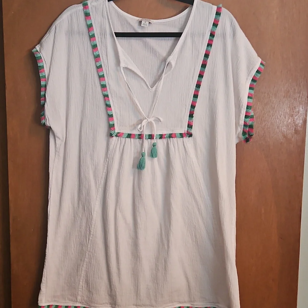 J. Crew White Tunic with Green and Pink Trim Swim Suit Cover Up Sz Small